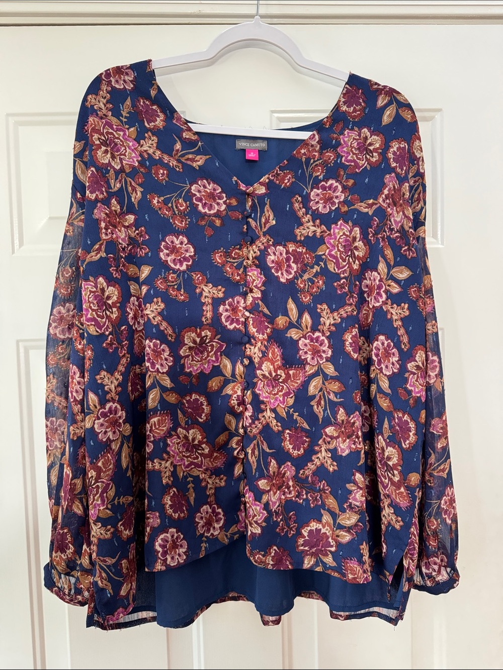 Vince Camuto Navy Floral Button-Front Blouse with Pink and Gold Accents